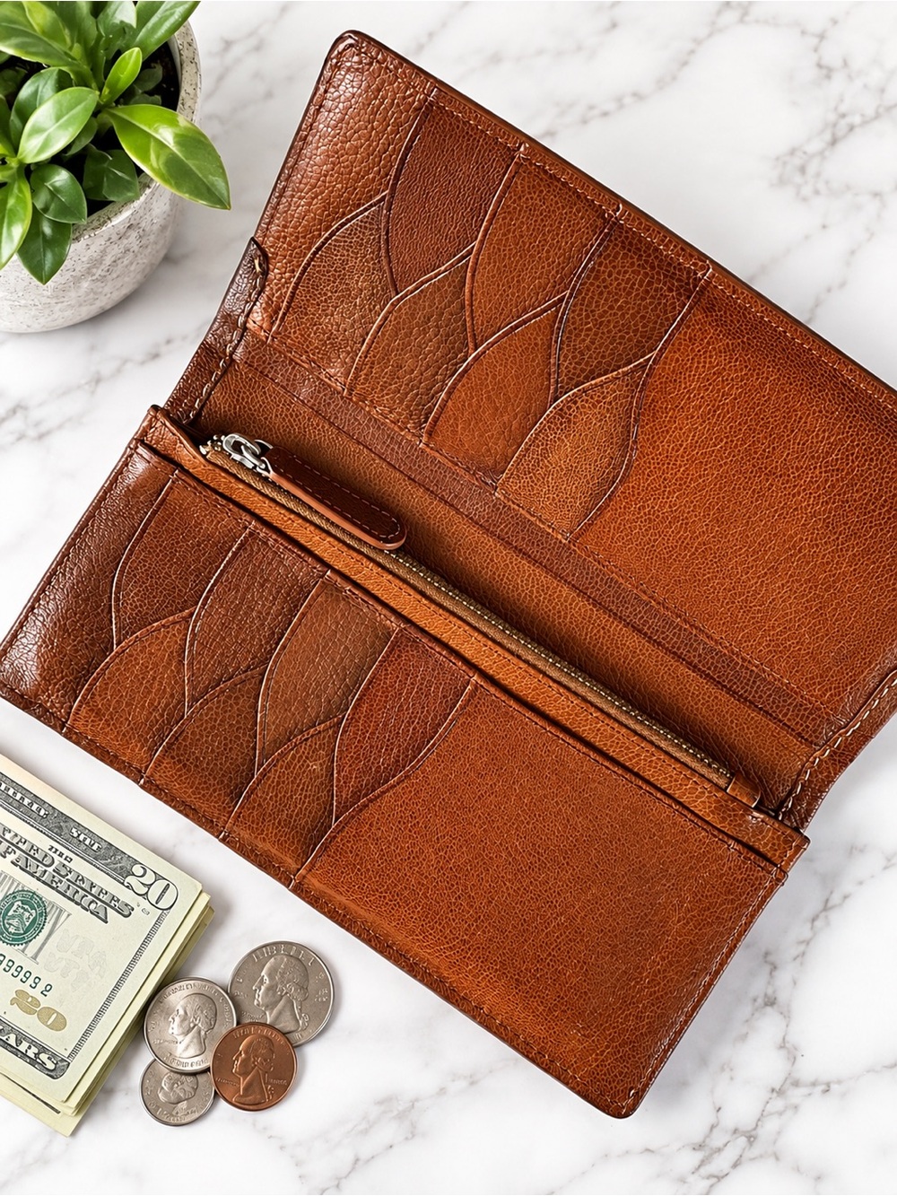 COLE HAAN- Brown Leather Long Wallet for Bills, Cards & Coins
